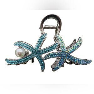 Blue Rhinestone Starfish Hair Claw Clip Pearl Beach Coastal Hair Accessory